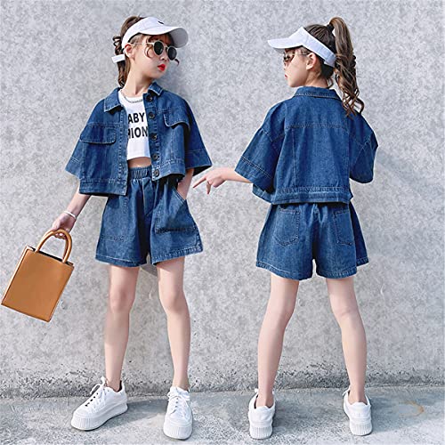 [JINPIN] 子供服 セットアップ デニム ジャケット ショートパンツ 2点セット 女の子 上下セット シャツ ジーンズ キッズ デニムパンツ ズボン ジャージ ガールズ ダンスウェア ジュニア 子供 スーツ 夏服 カジュアル おしゃれ 半袖 可愛い 通学夏 (ブルー2,150)